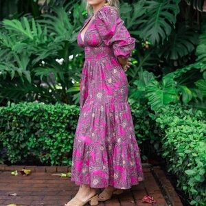 House of Harlow Puff sleeve Plunge V-Neck Open Back Smocked Maxi Dress Size M